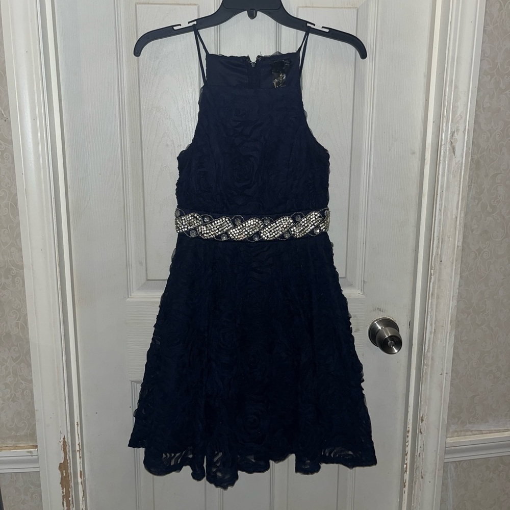 Navy blue floral pattern dress with rhinestone belt decor